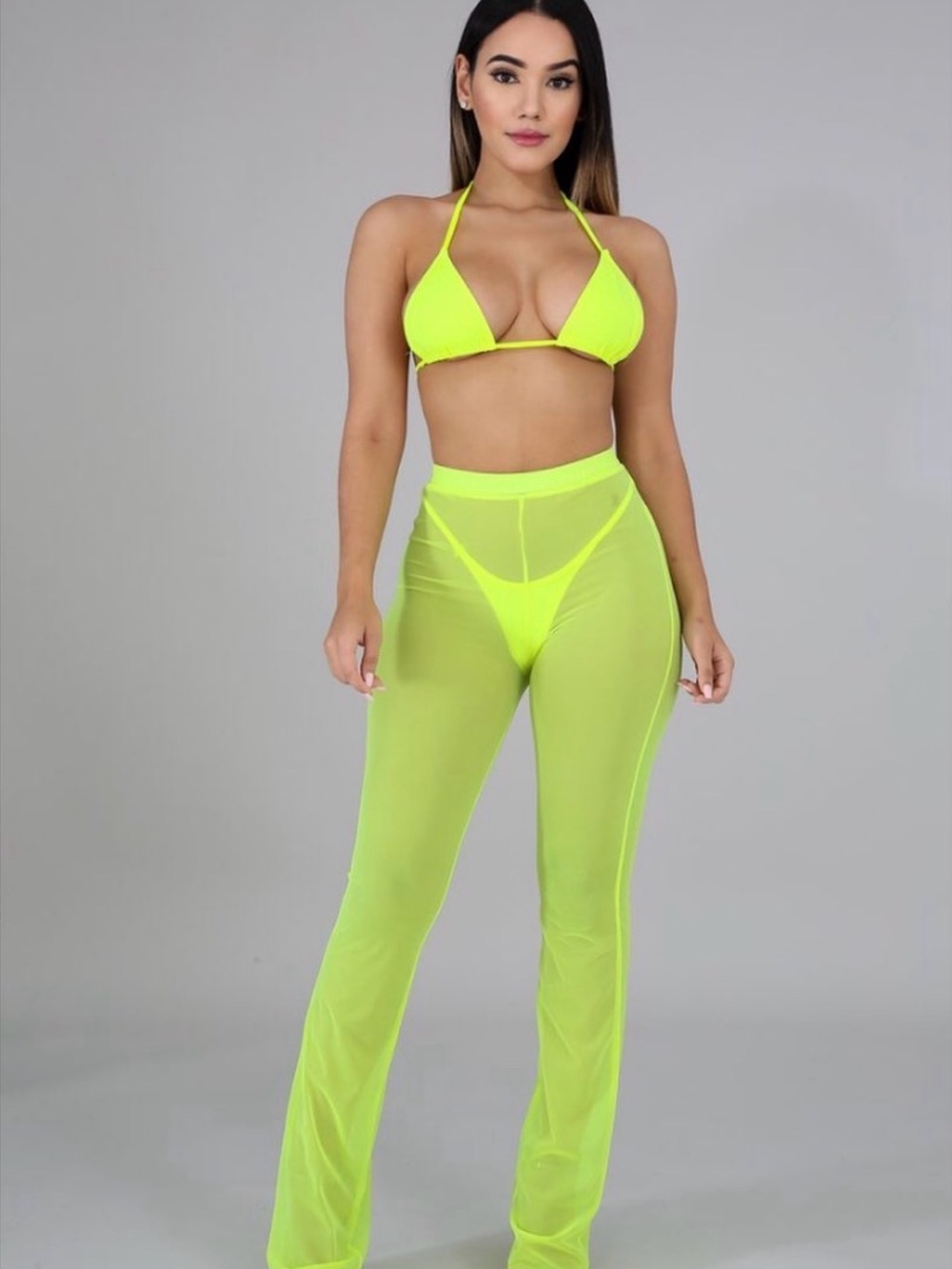 Hot & Delicious Neon Lime Sheer Swim Pants & Triangle Bikini Set